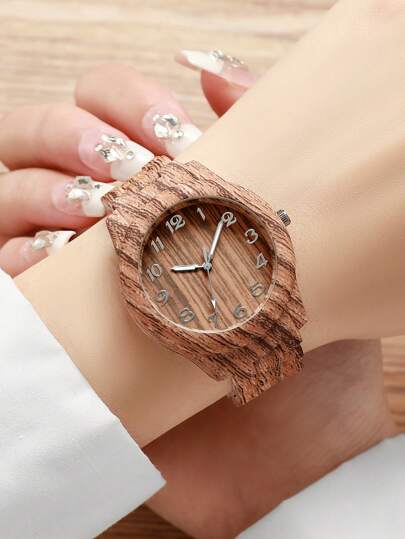 1 pièce Montre-bracelet à quartz pour femmes avec bracelet et cadran à motif de grain de bois