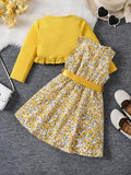 Elladie kids 2 pièces/Ensemble Robe imprimée & Veste à volants côtelés pour jeunes filles,Vacances,Été,Voyage