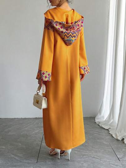 Robe longue à capuche de style moyen-oriental, robe abaya imprimée traditionnelle arabe de luxe jaune, pour occasions spéciales, fêtes, festivals, printemps