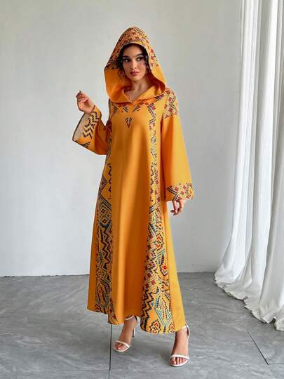 Robe longue à capuche de style moyen-oriental, robe abaya imprimée traditionnelle arabe de luxe jaune, pour occasions spéciales, fêtes, festivals, printemps