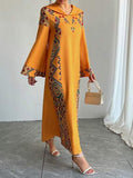 Robe longue à capuche de style moyen-oriental, robe abaya imprimée traditionnelle arabe de luxe jaune, pour occasions spéciales, fêtes, festivals, printemps