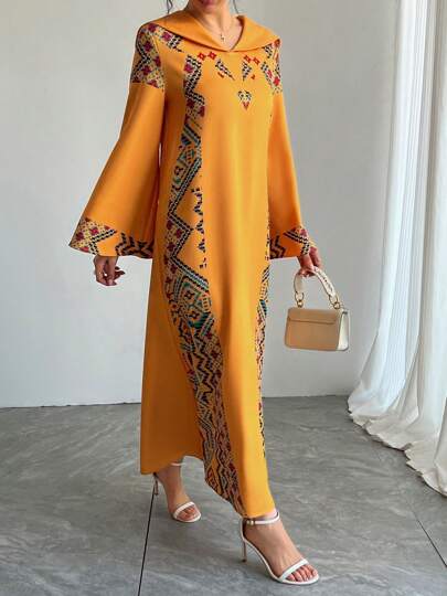 Robe longue à capuche de style moyen-oriental, robe abaya imprimée traditionnelle arabe de luxe jaune, pour occasions spéciales, fêtes, festivals, printemps