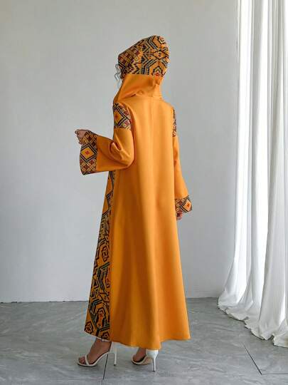 Robe longue à capuche de style moyen-oriental, robe abaya imprimée traditionnelle arabe de luxe jaune, pour occasions spéciales, fêtes, festivals, printemps