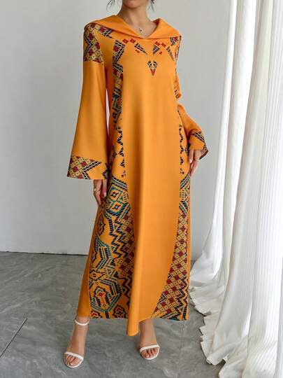Robe longue à capuche de style moyen-oriental, robe abaya imprimée traditionnelle arabe de luxe jaune, pour occasions spéciales, fêtes, festivals, printemps