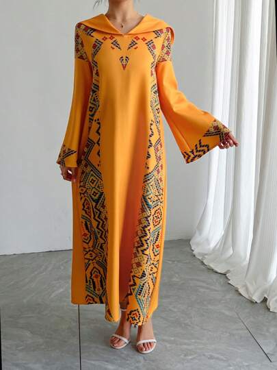 Robe longue à capuche de style moyen-oriental, robe abaya imprimée traditionnelle arabe de luxe jaune, pour occasions spéciales, fêtes, festivals, printemps