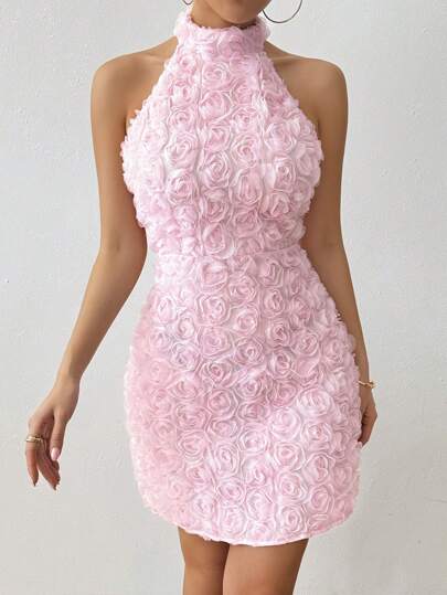 Clasi Robe de banquet ajustée à la taille avec imprimé roses et dos nu pour femme