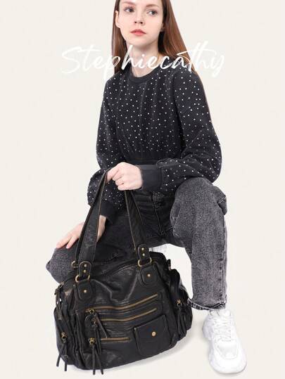 STEPHIECATHY Couleur unie lavée en PU, fermeture à glissière, design à plusieurs poches, double courtes sangles, sangle longue réglable, sac à bandoulière croisé pour femmes, décontracté et pratique, convient pour la vie quotidienne, les voyages et encore