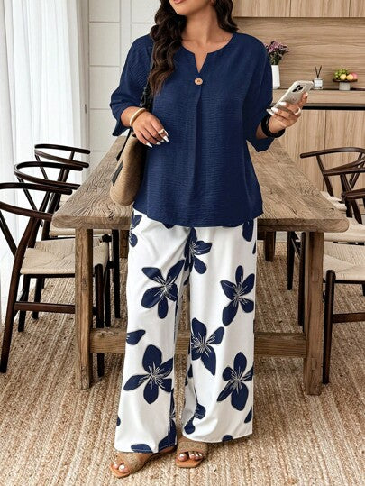Clasi Ensemble deux pièces grande taille boho couleur unie à manches longues et pantalon long, pour l'été