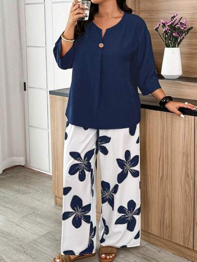 Clasi Ensemble deux pièces grande taille boho couleur unie à manches longues et pantalon long, pour l'été