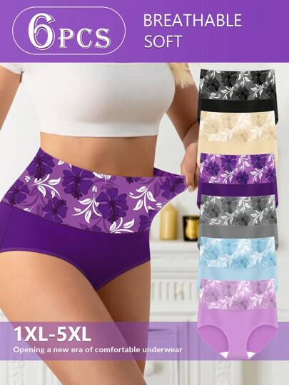 6 pièces Sous-vêtements grande taille pour femmes à taille haute, culottes triangulaires imprimées, respirantes et douces