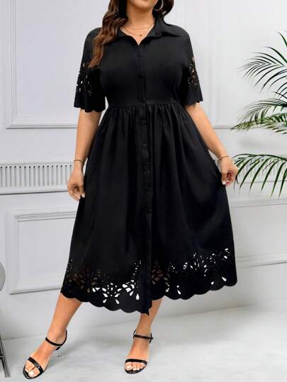 DreamSkyne Robe chemise à manches courtes avec col évidée, grande taille pour femmes