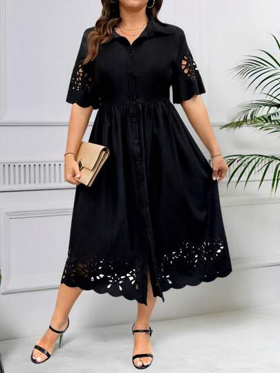 DreamSkyne Robe chemise à manches courtes avec col évidée, grande taille pour femmes