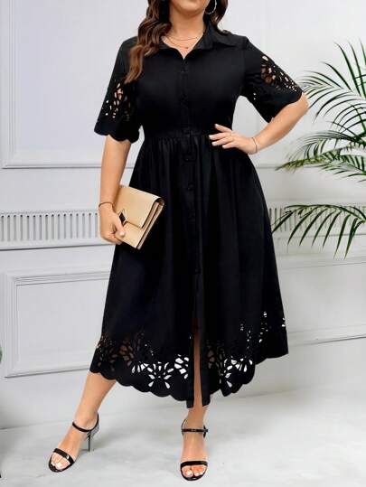 DreamSkyne Robe chemise à manches courtes avec col évidée, grande taille pour femmes