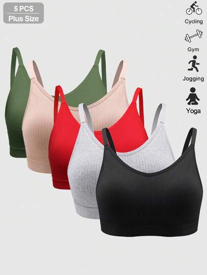5 pièces Soutien-gorge de yoga grande taille pour femmes ultra confortable couleur unie côtelé confort extrême rembourrage amovible débardeur camisole soutien-gorge de sport basique sans couture