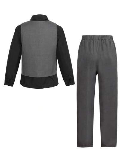 Ensemble 3 pièces pour garçon préadolescent gentilhomme - Gilet croisé + Chemise noire + Pantalon, tenue de cérémonie pour anniversaire, événement, mariage, Saint-Valentin