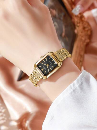 4 pièces/set Montre de mode décontractée pour femmes avec cadran carré aux chiffres romains, élégante et simple. Mouvement à quartz. Sans boîte de montre.
