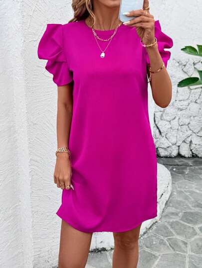 Clasi Robe élégante pour femme à manches courtes gigot, coupe trapèze, couleur vive, tenue d'été décontractée pour fête, invitée de mariage, cérémonie formelle, remise de diplôme, Pâques et plage