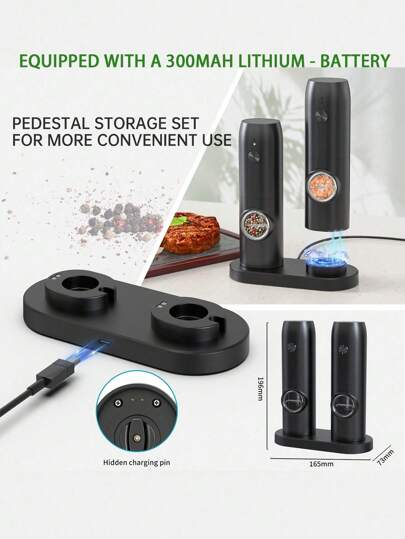 Ensemble de moulin à sel et poivre électrique, moulin automatique rechargeable USB Type-C avec base de chargement, grossièreté réglable, plaque de broyage en céramique, lumière LED, utilisation à une main, moulin électrique rechargeable, convient pour la