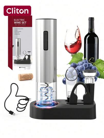 Ensemble d'ouvre-bouteille électrique rechargeable 6-en-1, comprenant un bouchon à vide, une carafe, un coupe-capsule, une base d'affichage et un câble de chargement USB, argenté