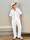 Tween Garçons Coupe Ample Décontracté Couleur Unie Col Cranté Manches Courtes Chemise Et Pantalon 2 Pièces/set