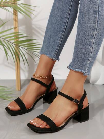 1 paire de sandales à talons hauts épais pour femmes, couleur unie, bout ouvert, style minimaliste, talon enveloppé, style populaire européen et américain