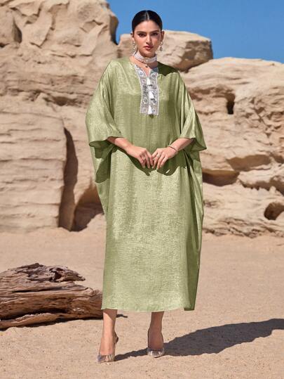 Al Najma Tunique ample à franges bohémiennes brodées et robe longue traditionnelle arabe maxi
