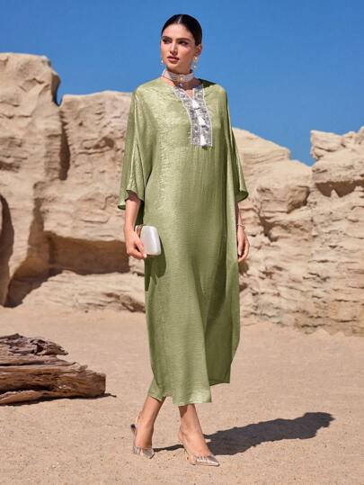 Al Najma Tunique ample à franges bohémiennes brodées et robe longue traditionnelle arabe maxi
