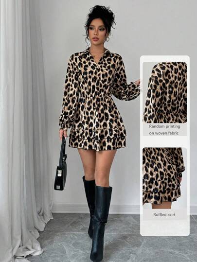 Elenzga Robe beige à imprimé avec ourlet à volants, manches longues, pour soirée, rendez-vous, automne,