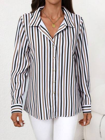 Balvessa Chemise décontractée à rayures, manches longues, boutonnée, torsadée, pour femmes, automne