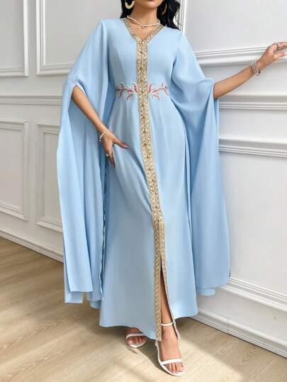 Al Najma Robe longue d'été élégante avec garniture tissée de style turc et arabe pour femmes