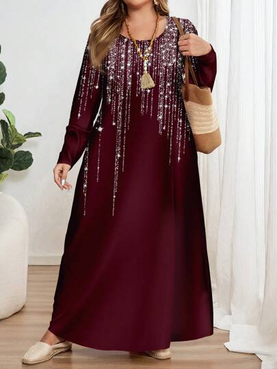 EMERY ROSE Robe ample à manches longues et col rond avec imprimé scintillant étoilé, convient pour le printemps et l'automne, taille grande