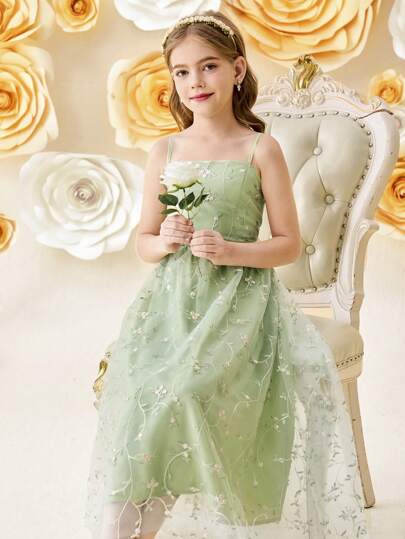 Girlism Robe mi-longue élégante pour jeune fille avec broderie florale vert clair et empiècement en maille, robe de graduation