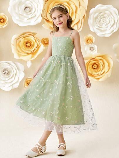 Girlism Robe mi-longue élégante pour jeune fille avec broderie florale vert clair et empiècement en maille, robe de graduation