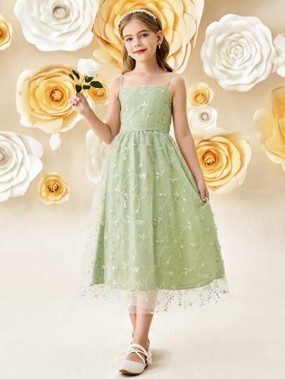 Girlism Robe mi-longue élégante pour jeune fille avec broderie florale vert clair et empiècement en maille, robe de graduation