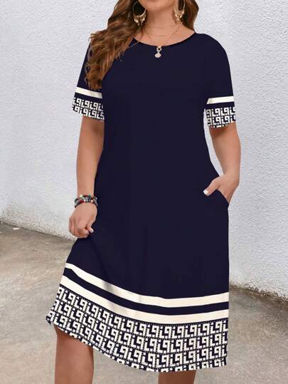 EMERY ROSE Robe imprimée géométrique décontracté grande taille, convient pour l'été