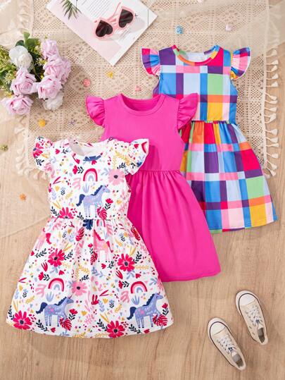 3 pièces robe à manches courtes pour jeunes filles, motif floral et à carreaux, ensemble d'été