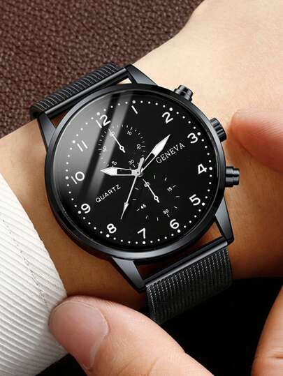 1 pièce Montre à quartz décontractée pour hommes, cadran rond minimaliste, bracelet en maille métallique, meilleur cadeau pour les hommes, convient pour les vacances et le port quotidien
