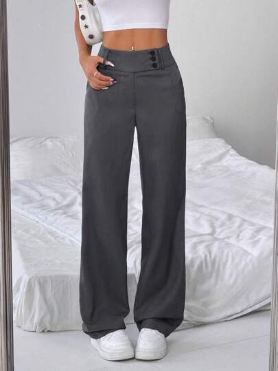 Flirla Petite Pantalon droit ample à taille haute avec design de boutons pour femmes, tissu d'automne pour femmes, femmes de petite taille, élégant gris pour la Fête des enseignants et le bureau