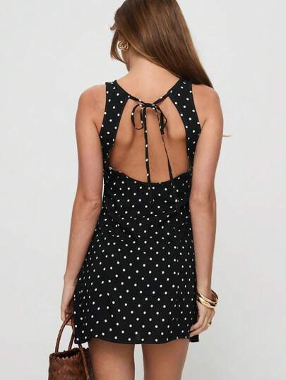 Coastalzia Robe mini mode femme à imprimé pois noir et blanc, dos nu avec lacets, style rétro français pour brunch d'été