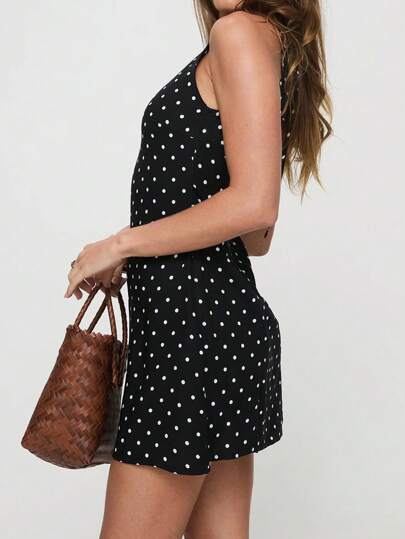 Coastalzia Robe mini mode femme à imprimé pois noir et blanc, dos nu avec lacets, style rétro français pour brunch d'été