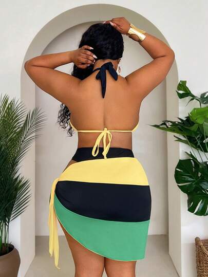 Slaydiva Ensemble de maillot de bain 3 pièces grande taille pour femmes - Top de bikini triangle blocs de couleurs brésilien, bas string coupe haute et paréo