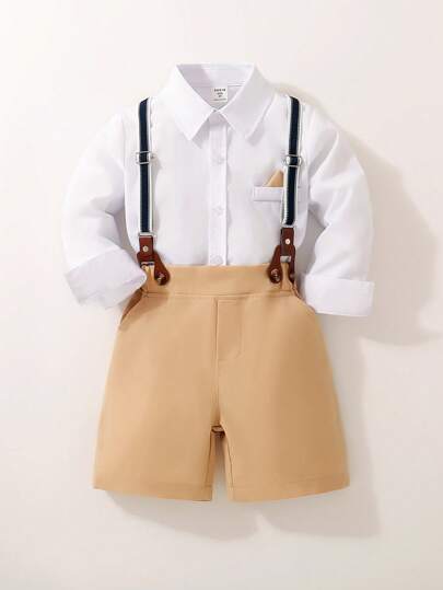 2 pièces Chemise blanche à manches longues pour jeunes garçons, ensemble de short à bretelles et nœud papillon, costume formel de gentleman pour enfants mariage, anniversaire, cérémonie du soir, pageboy, garçon de fleurs, garçon des alliances