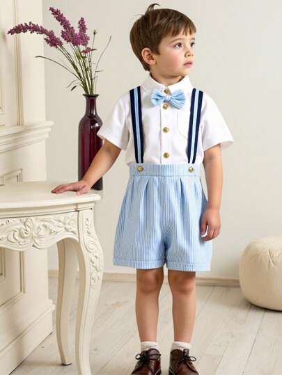 Ensemble 2 pièces pour jeunes garçons : chemise blanche à col boutonné et pantalon à rayures bleues avec bretelles, style gentleman