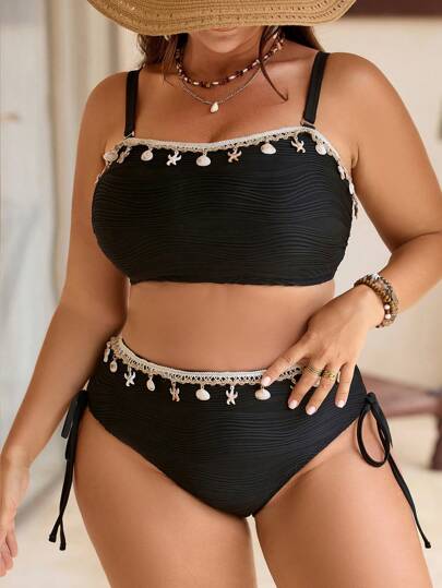 Swim Mod Maillot de bain grande taille pour femme, ensemble 2 pièces premium Oasis noir, Top bandeau et bas taille mi-haute, pour les vacances d'été à la plage