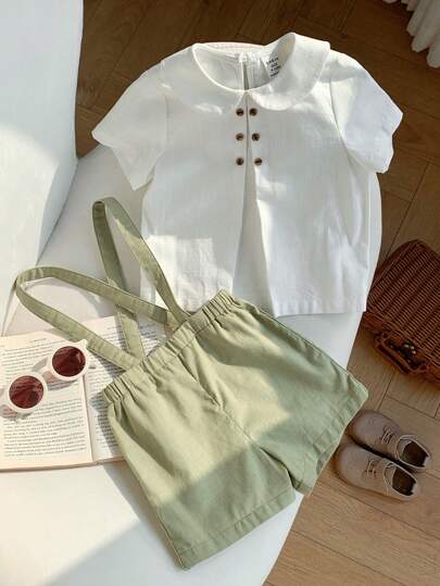 2 pièces Ensemble de chemise à col et short-culotte mignon pour jeunes garçons. Tenue de gentleman, convient pour anniversaire, soirée, représentation, mariage, printemps/été, usage quotidien, sport, extérieur, école, rassemblement, vacances, représentati