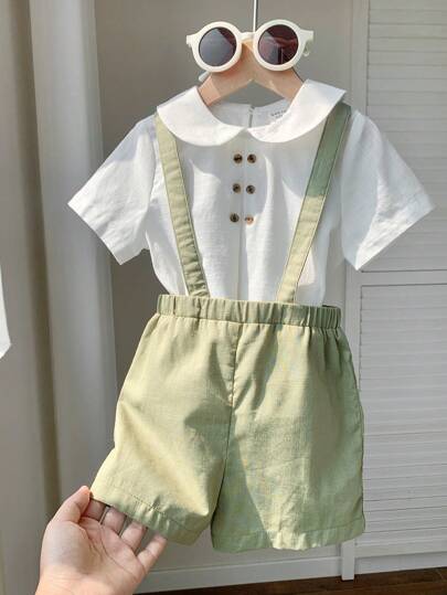 2 pièces Ensemble de chemise à col et short-culotte mignon pour jeunes garçons. Tenue de gentleman, convient pour anniversaire, soirée, représentation, mariage, printemps/été, usage quotidien, sport, extérieur, école, rassemblement, vacances, représentati