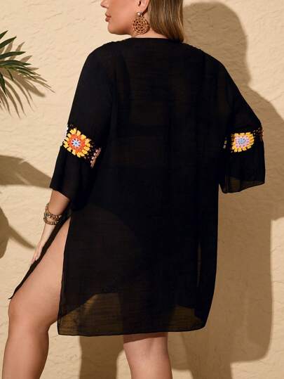 Swim Lushoire Robe-cache-maillot en crochet fait main avec encolure en V, ajourée, sexy, ajustée et fendue sur les côtés, légère, pour la plage, pour grande taille