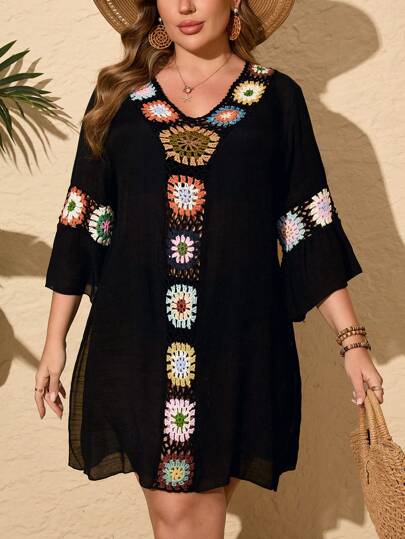 Swim Lushoire Robe-cache-maillot en crochet fait main avec encolure en V, ajourée, sexy, ajustée et fendue sur les côtés, légère, pour la plage, pour grande taille