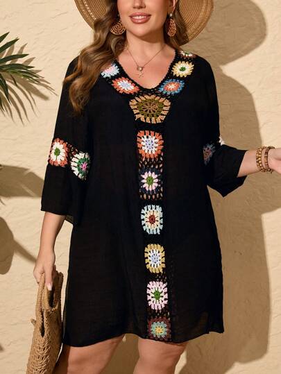 Swim Lushoire Robe-cache-maillot en crochet fait main avec encolure en V, ajourée, sexy, ajustée et fendue sur les côtés, légère, pour la plage, pour grande taille