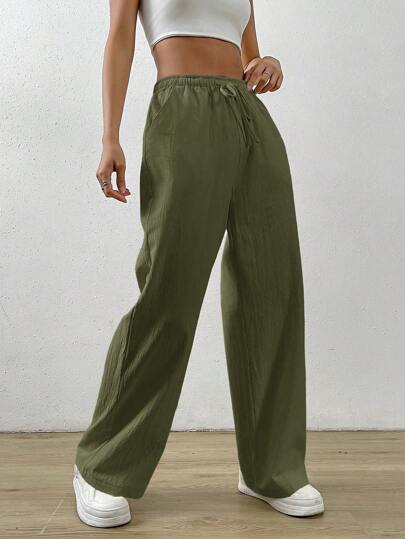 EZwear Pantalon droit ample en coton et lin vert olive avec taille à cordon de serrage, poches obliques, style décontracté pour le travail, les vacances et l'automne